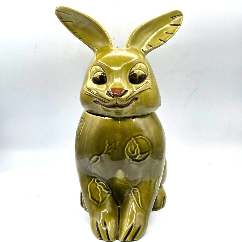 VINTAGE Olive Green Bunny Rabbit Shaped Cookie Jar Doranne of California RETRO
